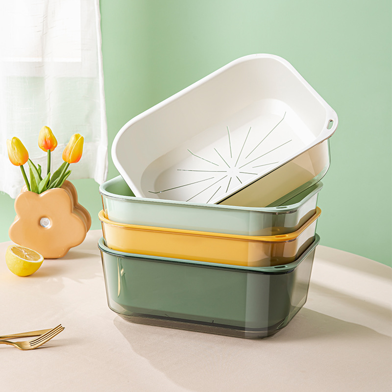 Double Drain Basket Plastic Kitchen Home Water Fruit Basket Thickened Rectangular Dark Green Creative Washing Basin Hair