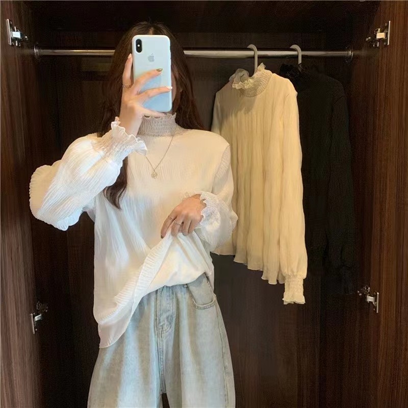 Spring new lace base layer for women's wear, stylish for spring and winter, semi-high neck, versatile, white warm, fleece and thickened inner layer
