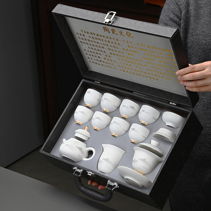 High-end kung Fu tea set, household light luxury sheep fat jade gilded covered bowl teapot tea set, complete set wholesale