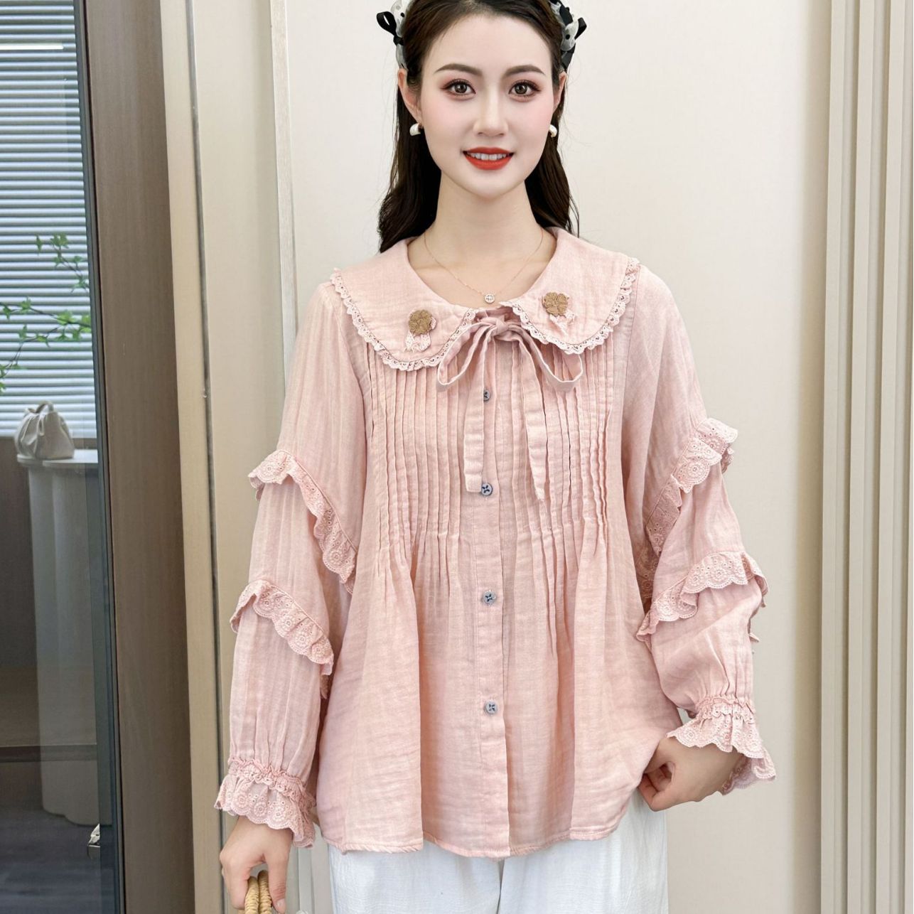 Forest-style lace-up baby collar double-layer cotton yarn shirt for women's autumn new style, youthful and fresh, with lace trim top for women details Picture