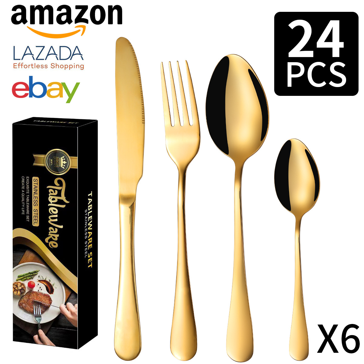 Cross-border Amazon 1010 Stainless Steel Tableware Set, 24-piece set of knives, forks and spoons, Titanium-plated Western Tableware gift Box set Specification image