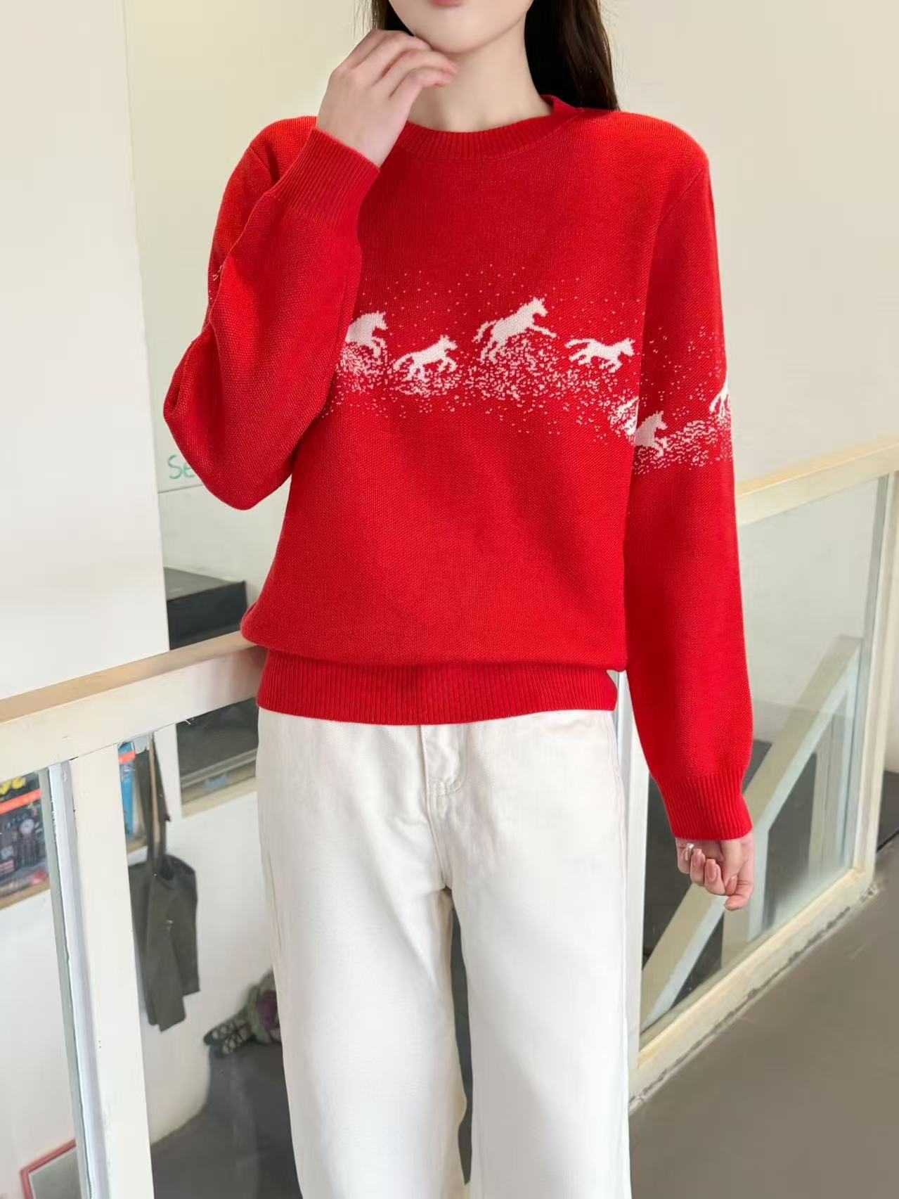 南油高版本ER家撞色渐变小马提花圆领红色毛衣针织衫长袖女详情5