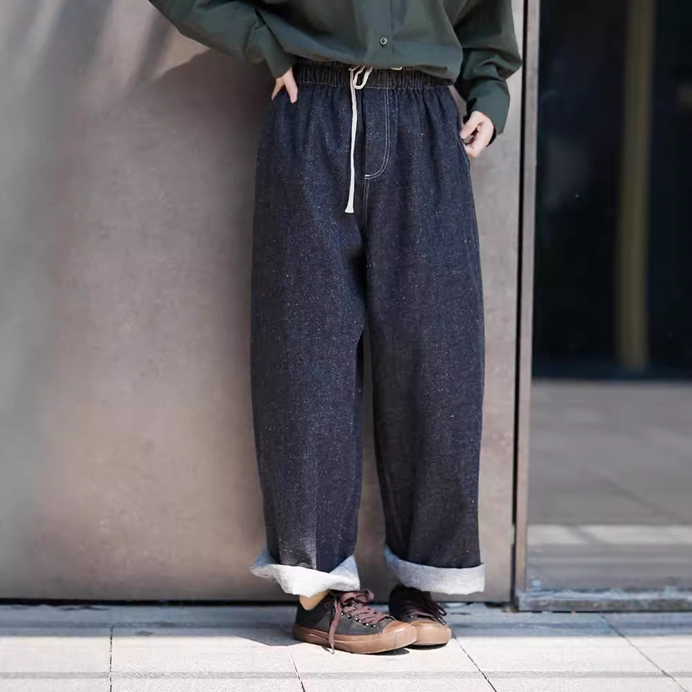 Three-season black linen cotton elastic waist classic women's casual straight-leg jeans, retro loose, autumn and winter casual Application Scenario