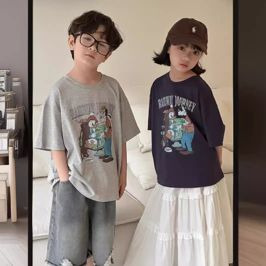 Children's T-shirt 2024 Summer for Boys and girls: Korean alphabet cartoon printed short-sleeved children's round-neck loose five-quarter sleeve top Specification image