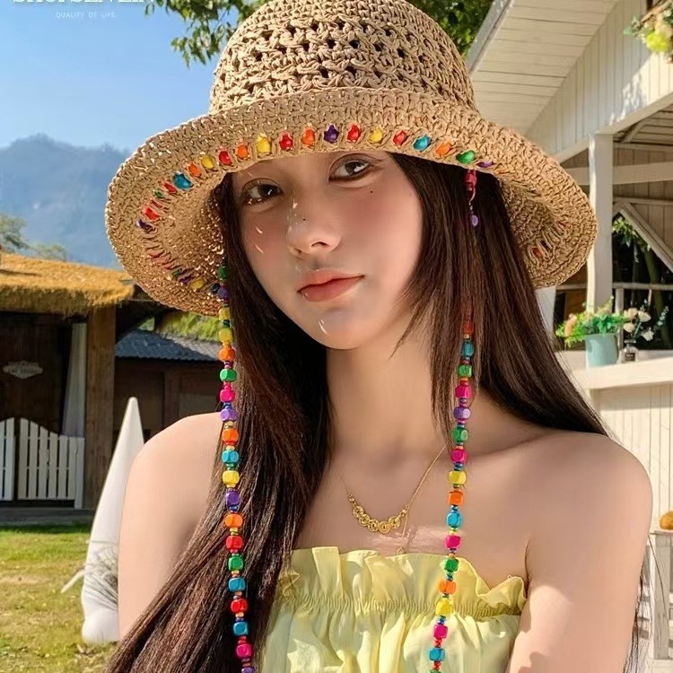 Hyuna style colorful wooden bead straw hat for women, summer hollowed-out large brim sunshade hat, foldable fisherman hat, trendy Application Scenario