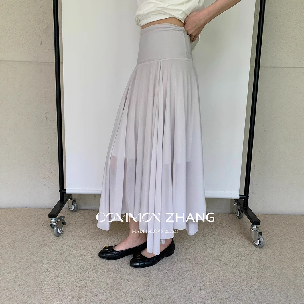 CZ ZHANG Summer Korean-style solid-color casual cinched waist slimming gauze mesh pleated A-line skirt B22410 Specification image