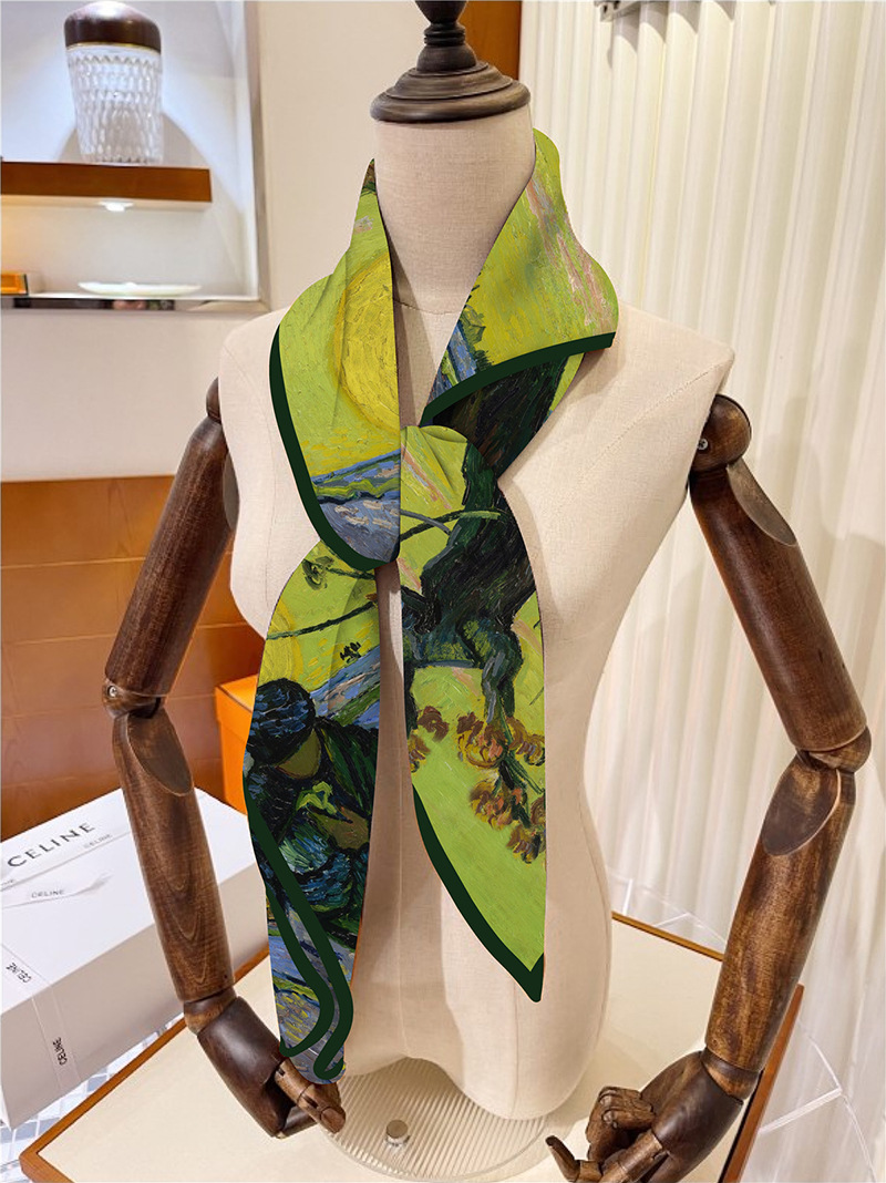 Artistic landscape oil painting satin 90-square scarf, high-end Van Gogh oil painting decorative art exhibition, framed painting women's scarf details Picture