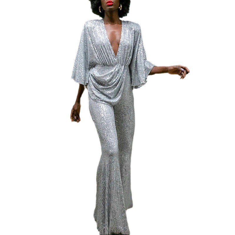 2025 New women's clothing for European and American foreign trade, ebay and Amazon direct sales, sequined sexy deep V backless jumpsuit long pants Item Picture