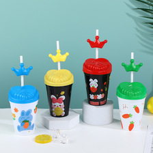 现货批发塑料杯 PP塑料吸管杯儿童卡通杯子兔子萝卜图案水杯跨境