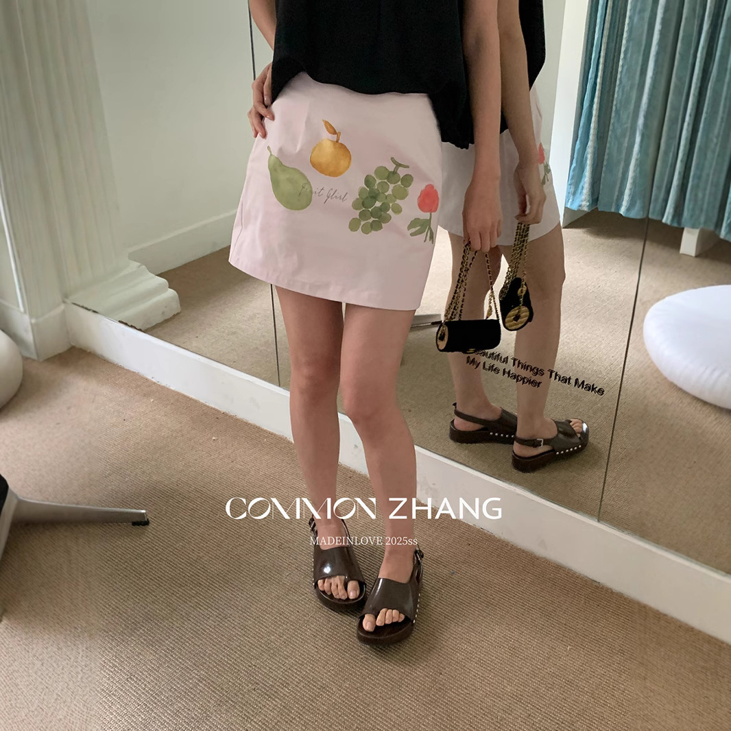 CZ ZHANG Summer Vacation Playful and youthful fruit-printed short skirt, low-waisted and versatile A-line skirt B22578