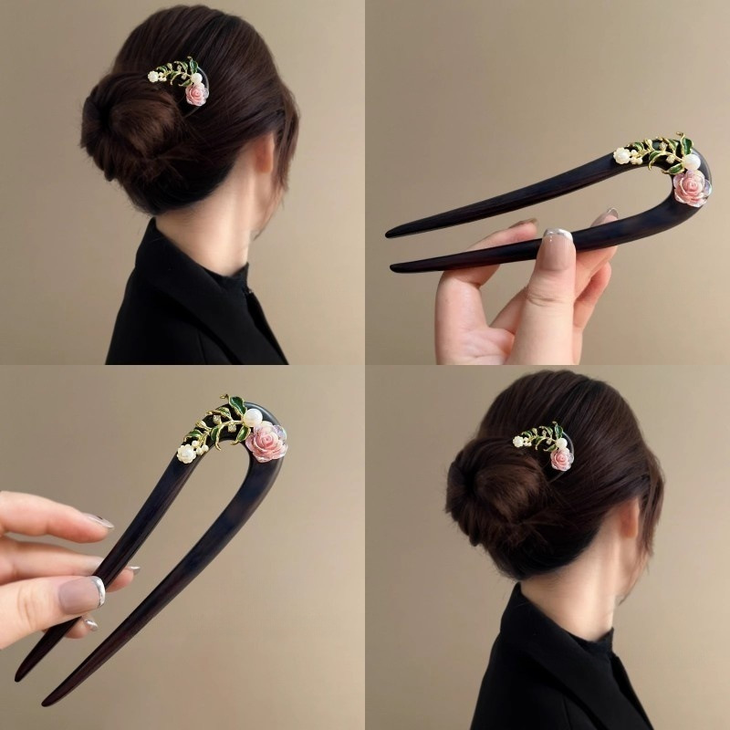 New Chinese style - Wooden hairpins, U-shaped double hairpins, flower hairpins, daily updo hairpins, ancient-style Hanfu cheongsam headwear for women