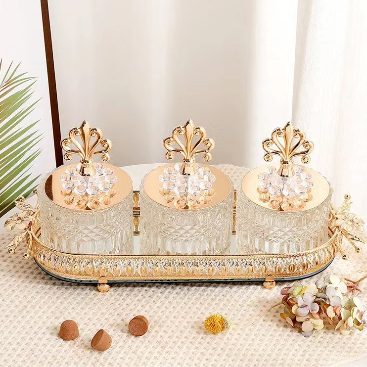 European Decoration Glass Candy Jar Phnom Penh Decorative Glass Crafts Electroplated Sugar Jar Four-Piece Furniture Storage