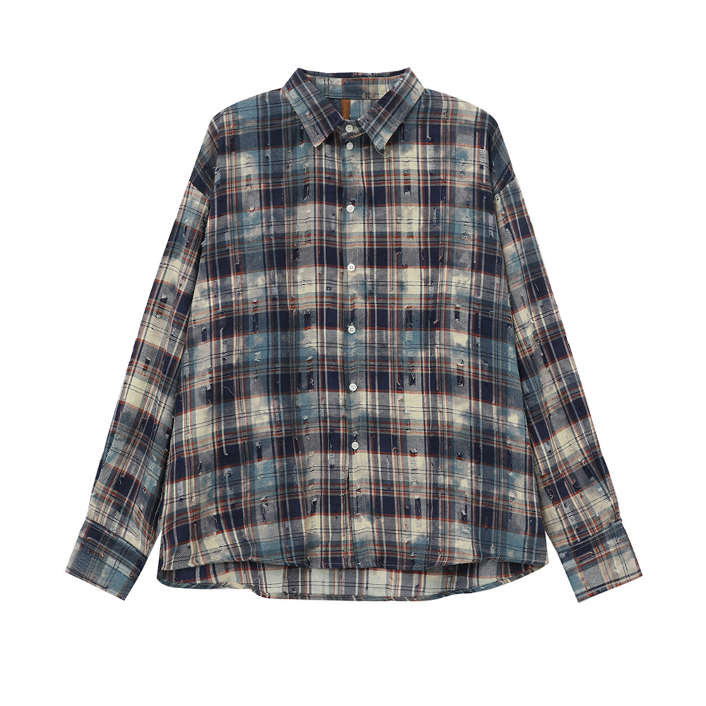 MTLCLOTHES men's Wear: New Autumn 2024 collection - a niche Japanese-style checkered and color-blocking casual loose shirt Item Picture