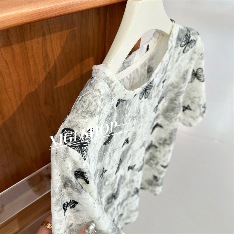 欧货重工扎染做旧须须破洞短袖T恤女蝴蝶印花宽松烫钻圆领体恤夏