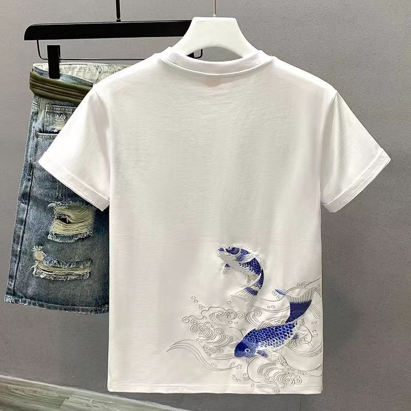 Summer embroidered fish Chinese style 2024 short-sleeved T-shirt for men, trendy men's wear, ins top, casual and loose T-shirt, Chinese style