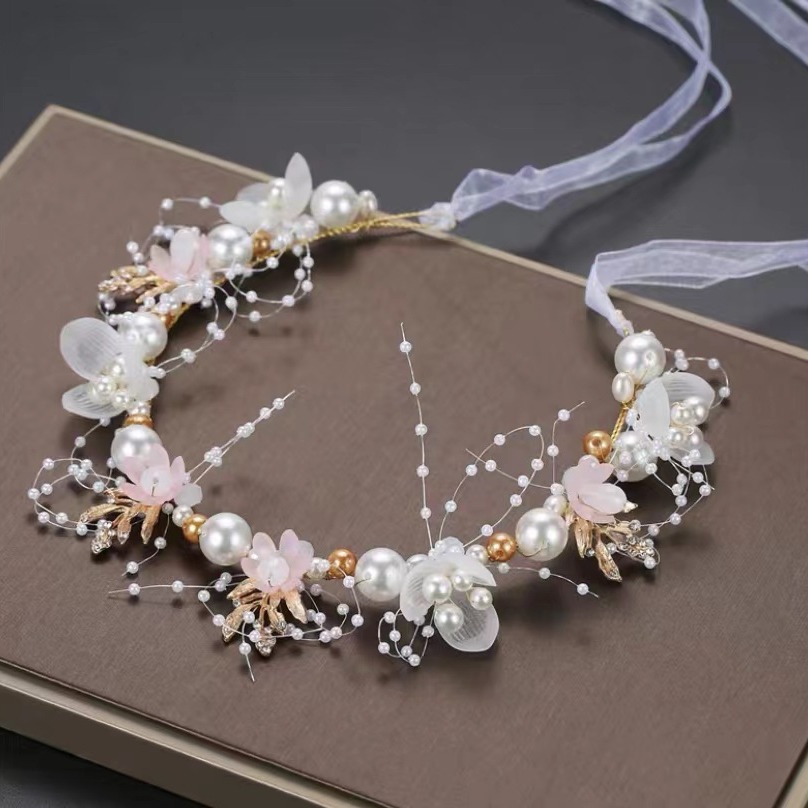Children's ribbon garland headwear, super fairy-like golden leaf headband, flower garland, pearl hair band, bride garland headwear details Picture