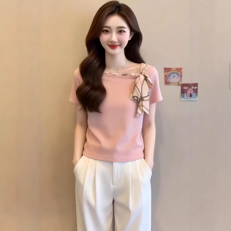 Summer new Korean-style hot girl pure Desire Sweet slimming bow slant-neck off-the-shoulder short-sleeved T-shirt top A10997 Specification image