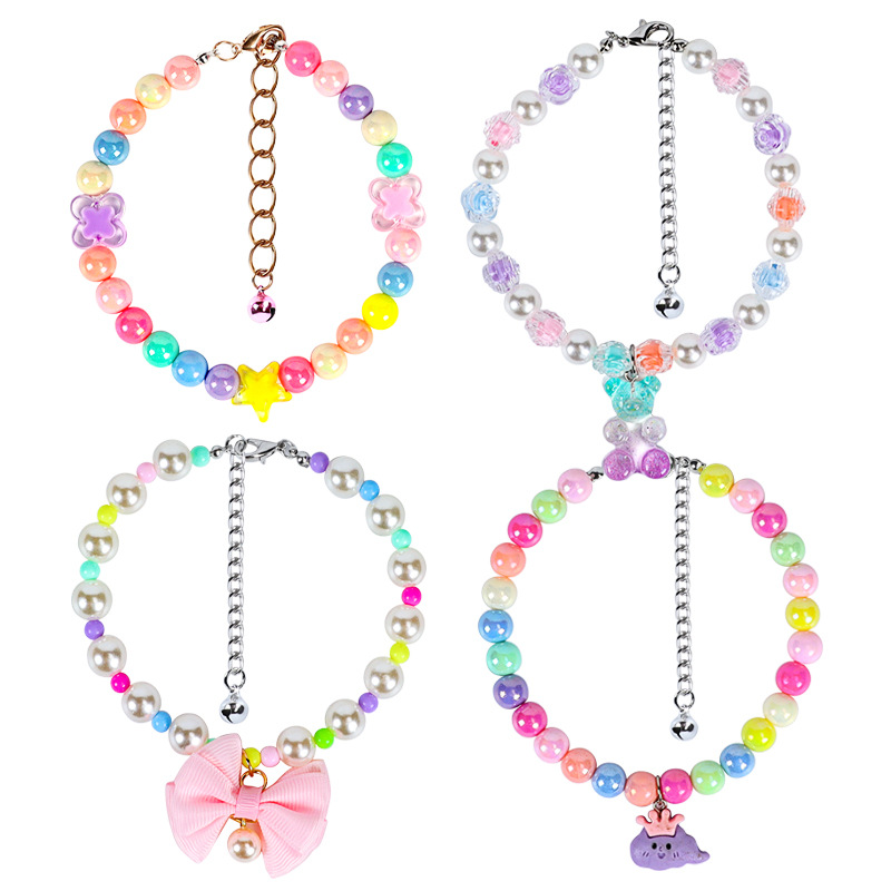 New cute pet beaded necklace with bells, macaron-style small dog teddy Bichon Frise colorful collar Item Picture
