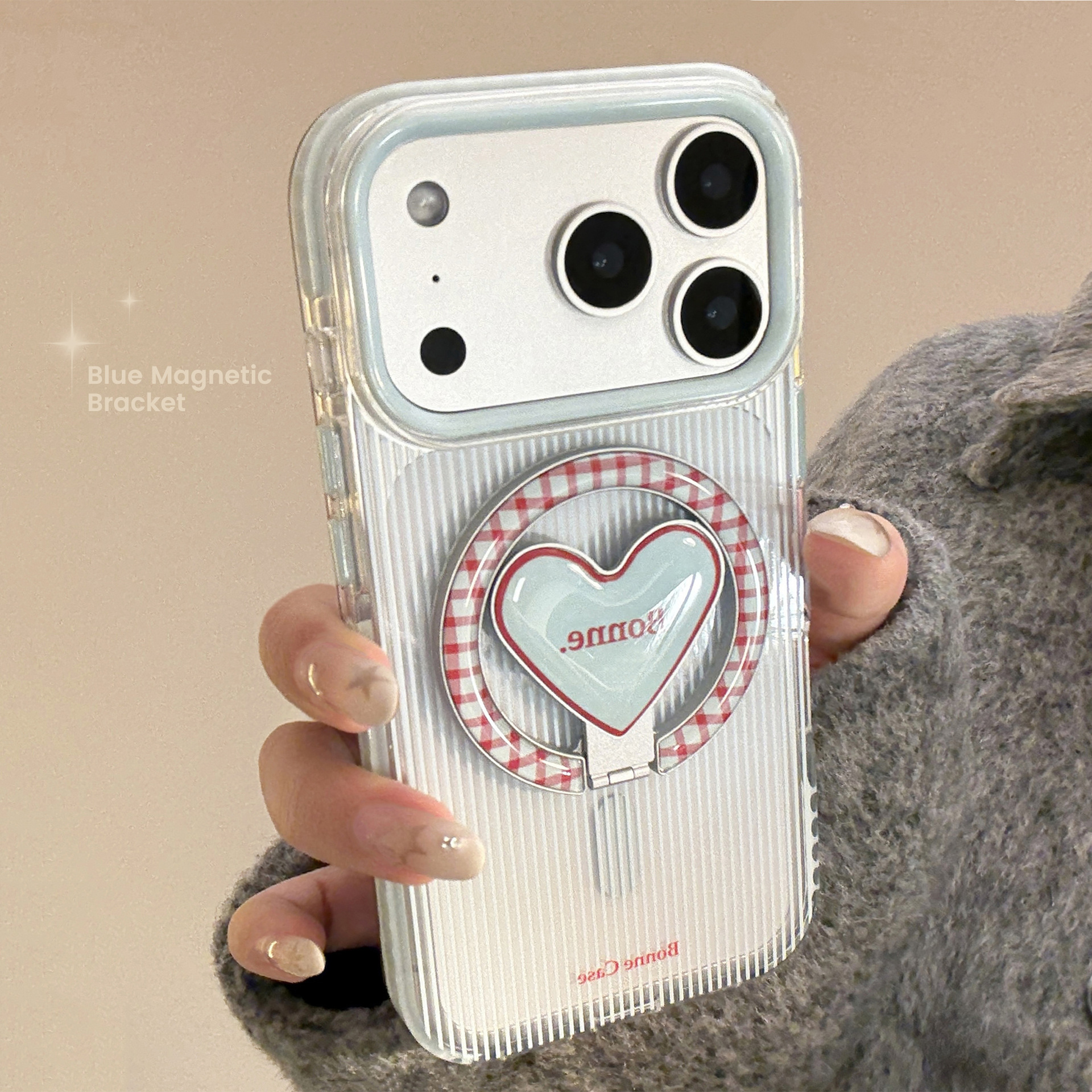 Blue and red striped iPhone 17promax phone case 15 Korean iPhone16 Heart-shaped magnetic stand 14 soft