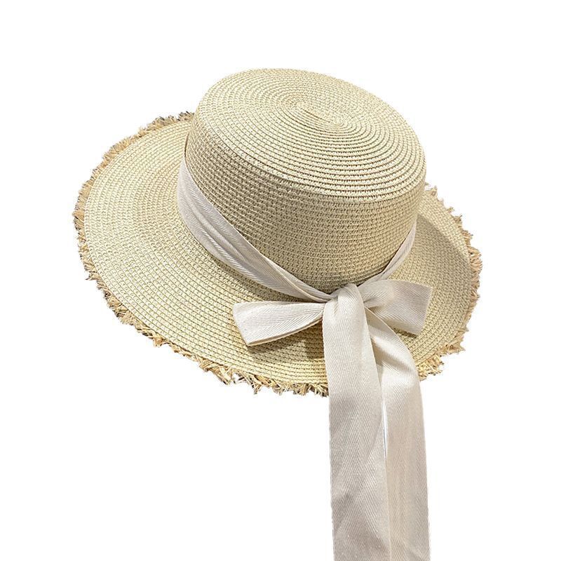 Bow Straw Hat Flat Straw Hat Braided Large Brim For Women Summer Vacation Beach Sunshade Hat Item Picture