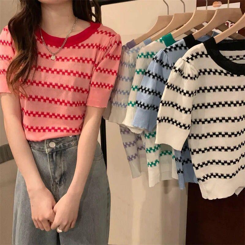Fashion 2023 Summer Cute Style Fresh Sweet Ice Cool Silk Pullover Round Neck Slim-Fit Blouse For Women