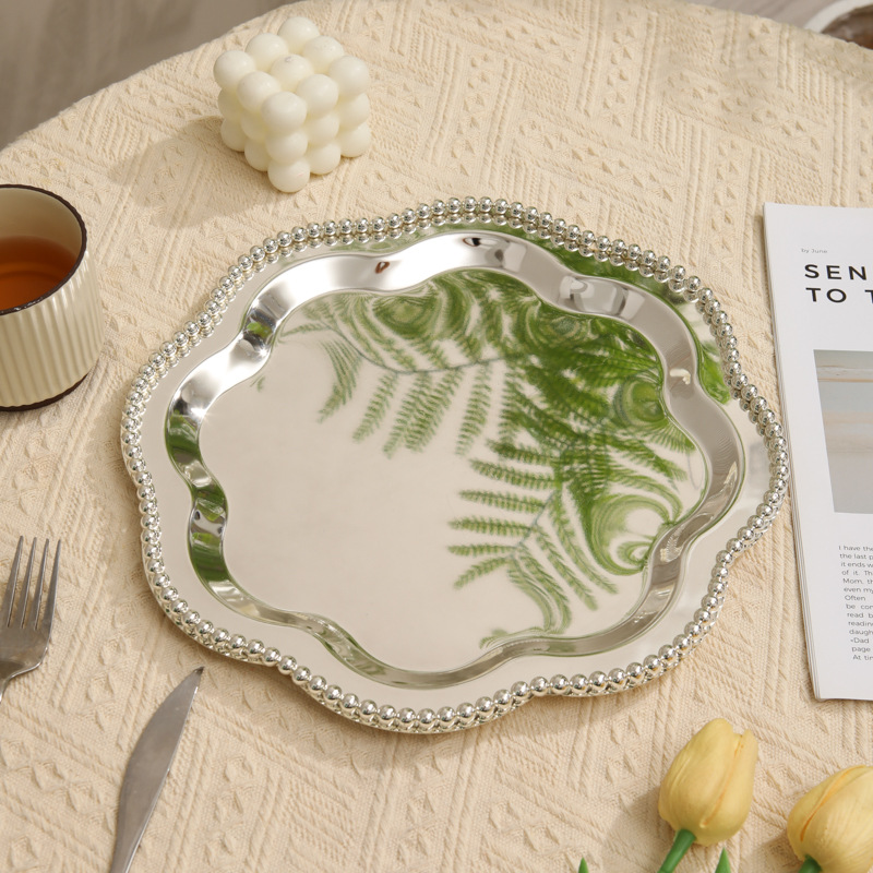 Silver Metal Plum Blossom Bead Point Plate Cake Pastry Plate Light Luxury Style Decoration Storage Tray Fruit Tray Specification drawing