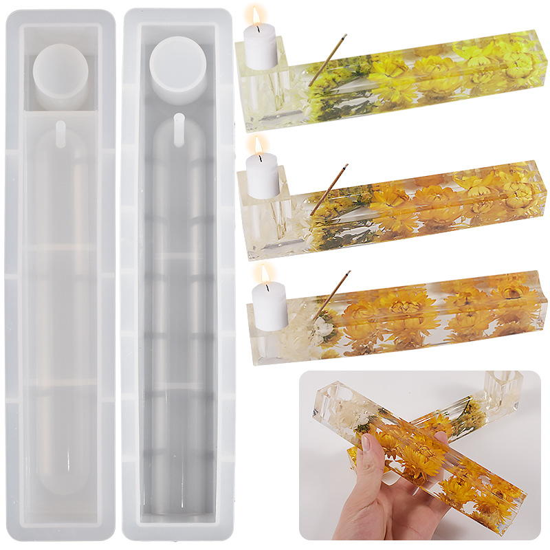 DIY水晶滴胶几何长条形蜡烛台香插摆件磨石膏蜡烛座香座硅胶模具