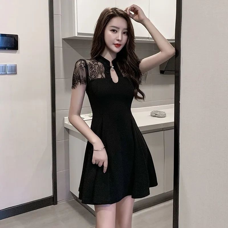 大码胖mm蕾丝连衣裙女夏2021年新款女旗袍改良版复古裙小黑裙高腰