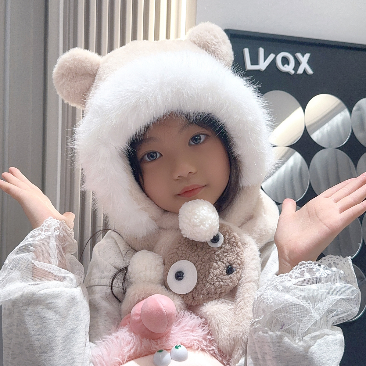 2024 Autumn and Winter Hat, Scarf, Children's cartoon doll, scarf, hat, all-in-one fleece hat for cold and wind protection
