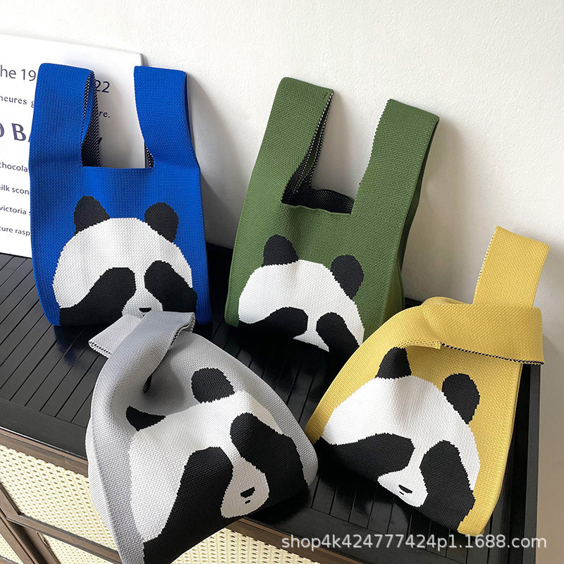 可爱熊猫手提包女针织毛线水桶包日韩版百搭手拎休闲托特包盒饭袋产品图