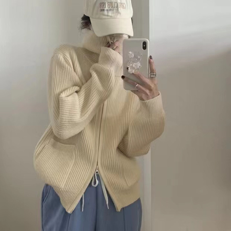 Bidirectional zipper large lapel knitted cardigan 2022 Autumn new women's casual, slimming and stylish sweater jacket for women Specification image