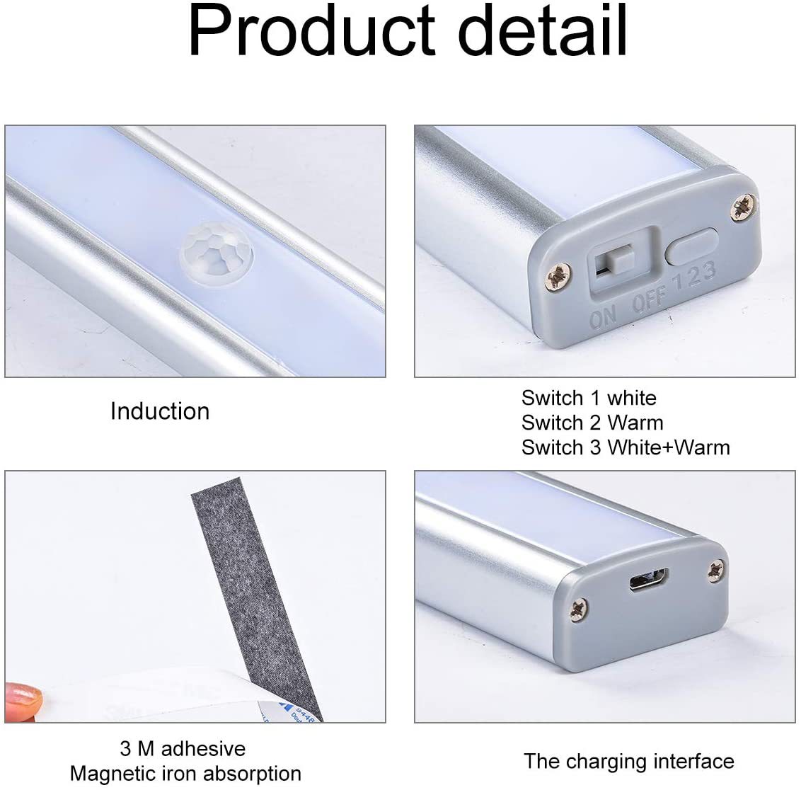 Human body sensor night light, home corridor, staircase, voice-controlled smart corridor, light-controlled long bedside lamp, wardrobe charging Specification image