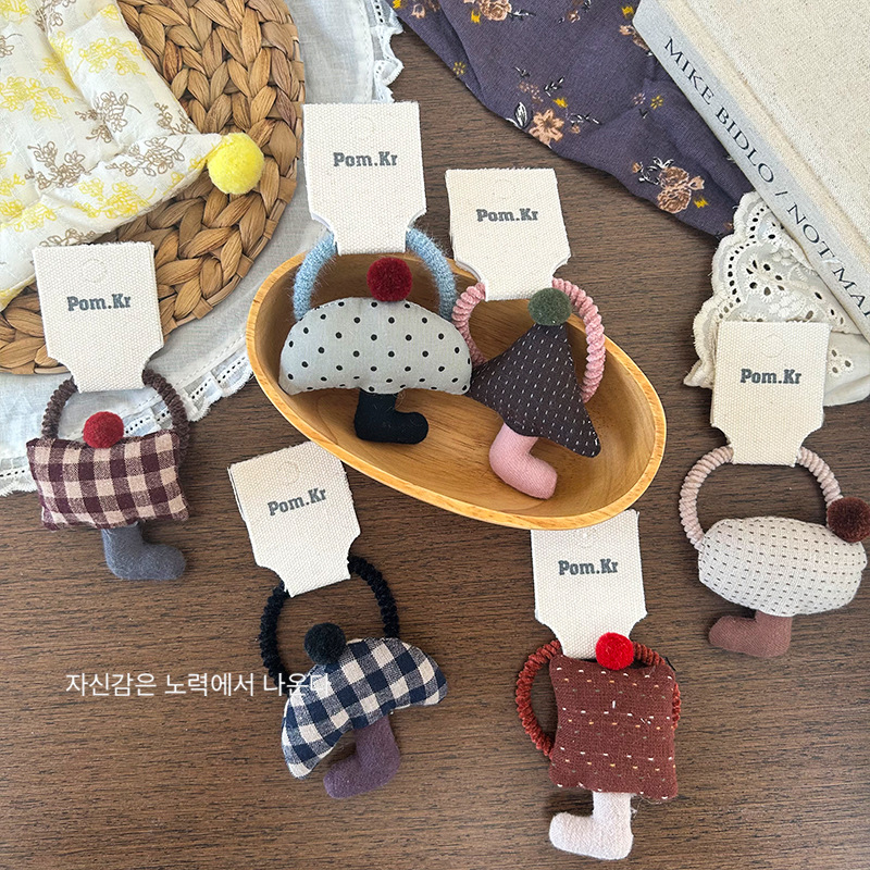 New Korean-style fabric cotton-filled three-dimensional mushroom umbrella, checkered forest style cute hair band, high-elasticity leather band hair tie details Picture