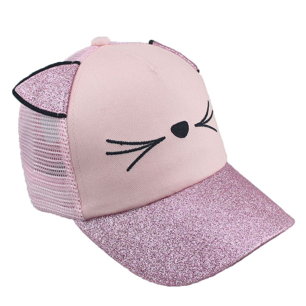 Custom-made children's hats from the hat factory are made of pink cotton cat shade, cute printed bright pink spring and summer net caps and breathable baseball caps Item Picture