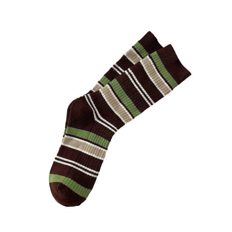 One-piece consignment of retro color-blocking striped socks, women's mid-calf socks, ins trendy autumn and winter cotton, individualistic school style, long thigh-pile socks Item Picture