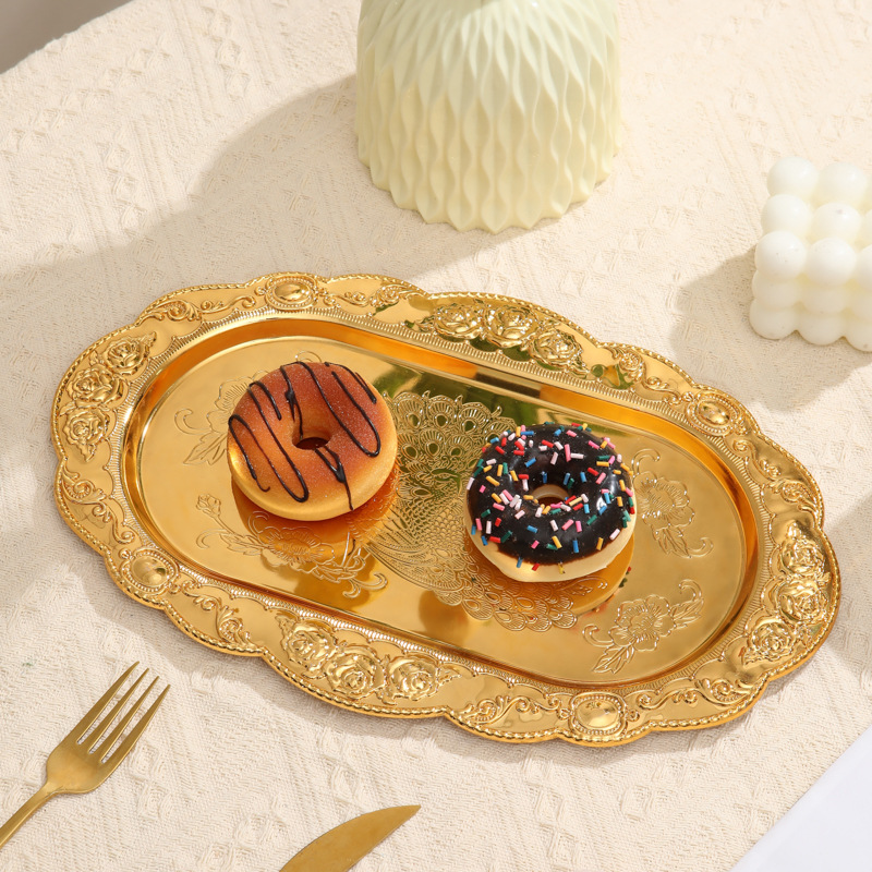 Metal Dessert Plate Cake Plate Embossed Steak Salad Plate Snack Fruit Jewelry Cosmetics Storage Tray Seasoning Dish