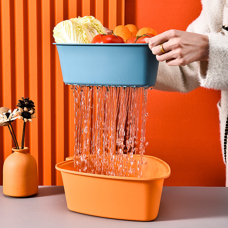 Cartoon Double Drain Basket Kitchen Hollowed Out Vegetable Washing Portable Fruit Basket Storage Basket Washing Basin Water Filter Basket Thickened Application Scenario
