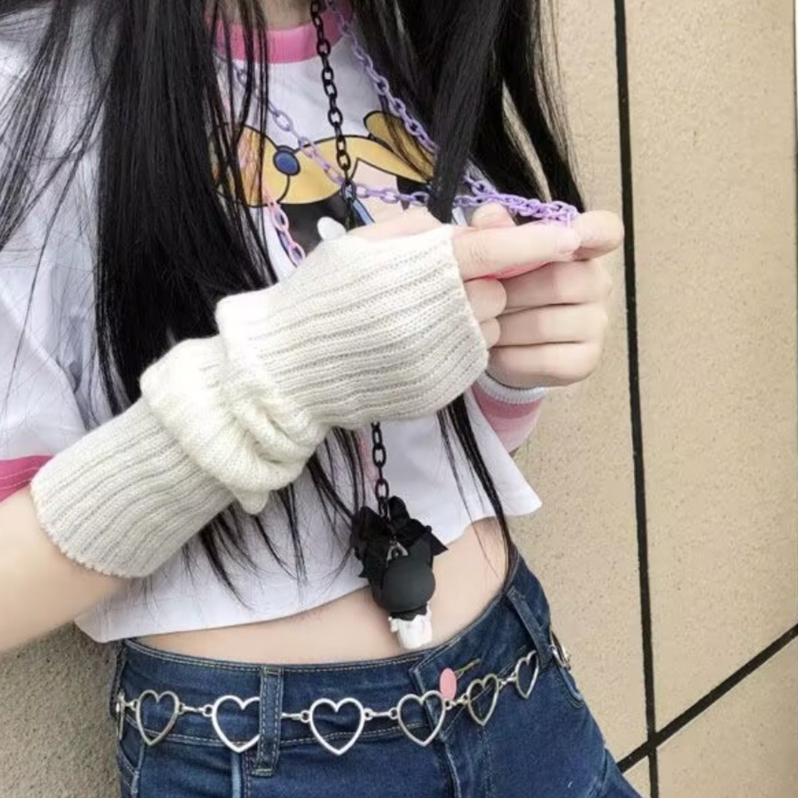 新款时尚韩版防晒黑色袖套针织女士冬天护袖保暖中长款针织手臂套