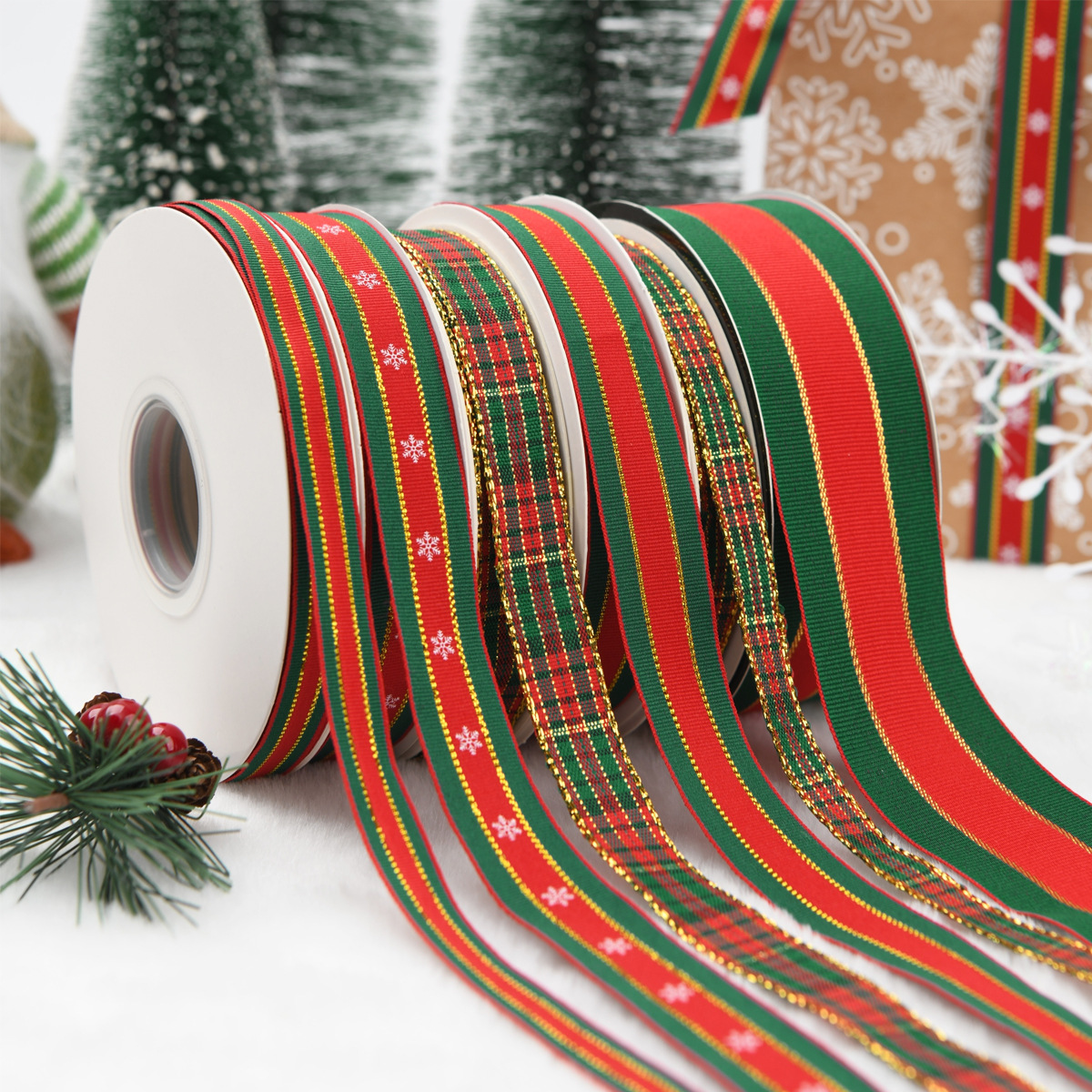 圣诞丝带红绿色织带条纹礼品盒包装礼物格子绑带绸带缎带装饰编织