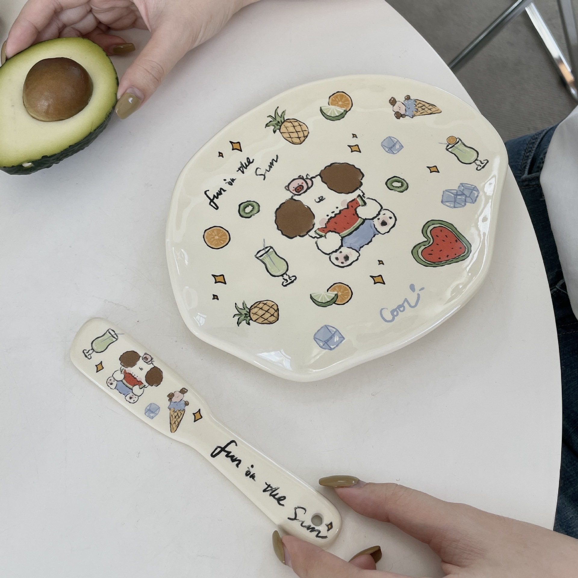 Original isn cute puppy irregular breakfast dessert pastry cake ceramic plate butter avocado jam spatula details Picture