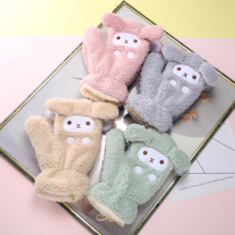 The cute winter version of Korean student cycling and driving warm, fleece and thickened windproof full-finger gloves for winter girls