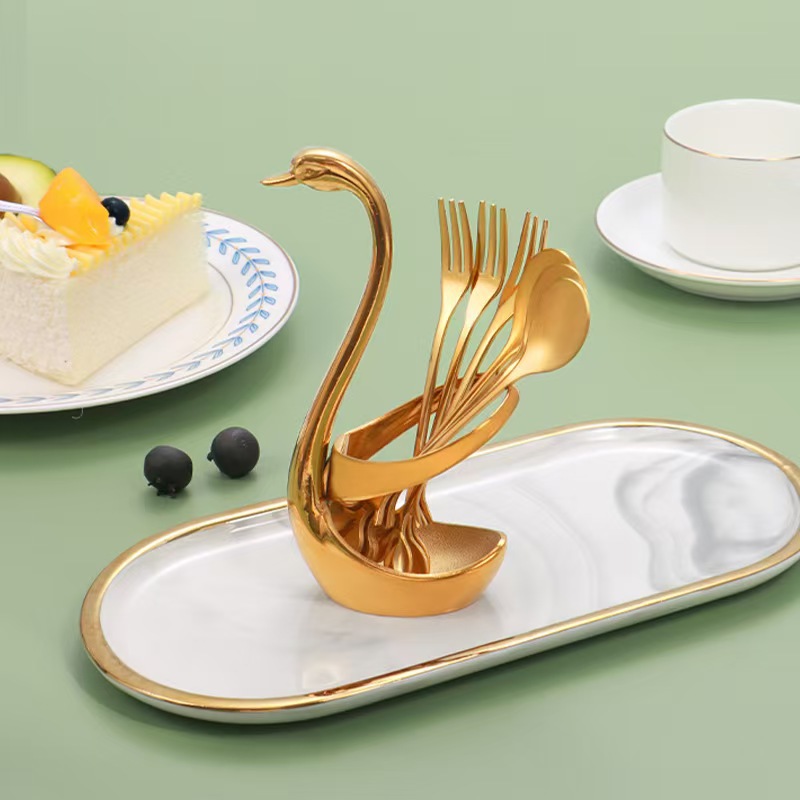 Wholesale Cross-Border Stainless Steel Wing Spoon And Fork Fruit Fork Pick Leaf Dessert Spoon Creative Swan Base Combination Set details Picture