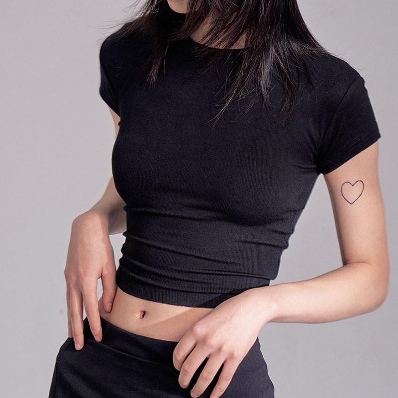 In-stock American off-the-shoulder modal sports T-shirt for women, with a nude feel, elastic texture, and a cinched waist. Basic round-neck hot girl top