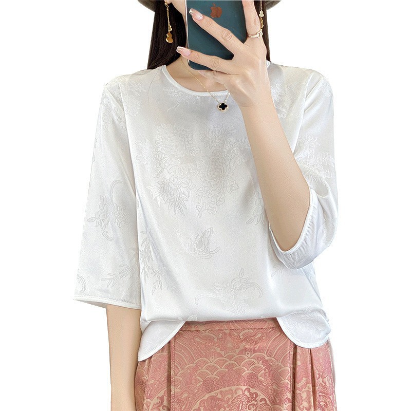 Satin Chinese-style new Chinese style 2025 Spring/Summer women's round-neck short dark-jacquard large-sized short-sleeved T-shirt top with versatile style Item Picture