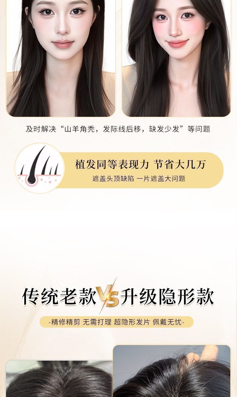 喜颜假发高颅顶自然前额无痕刘海假发女片头顶真发遮白发增发量详情3