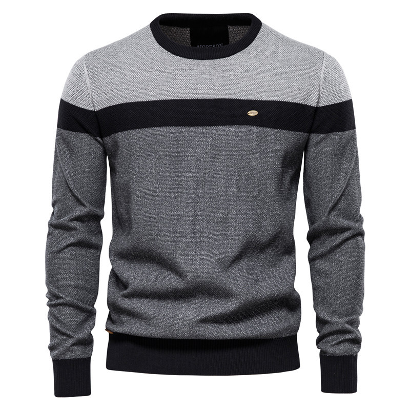 Sweater Men's 2021 Autumn new striped patchwork long-sleeved men's knitted sweater, fashionable round-neck men's casual sweater