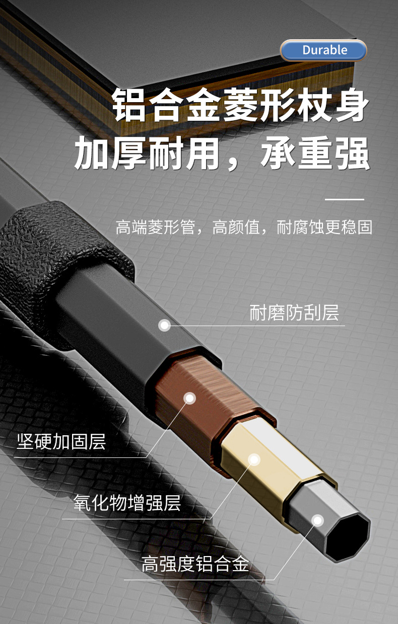 新款一键收纳伸缩菱形管铝合金老人拐杖拐棍爬山超轻便防滑登山杖详情6
