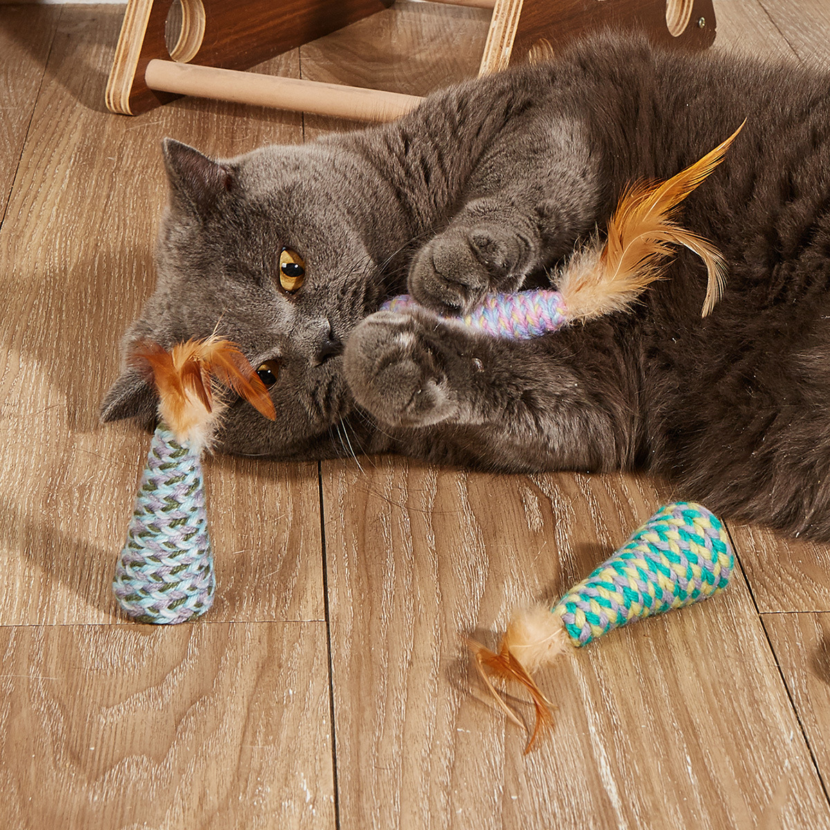 Discounted welfare item: A rope cat toy with chicken feathers that don't shed easily, interactive and self-entertaining. The cat grinds its teeth and bites. Toy manufacturer