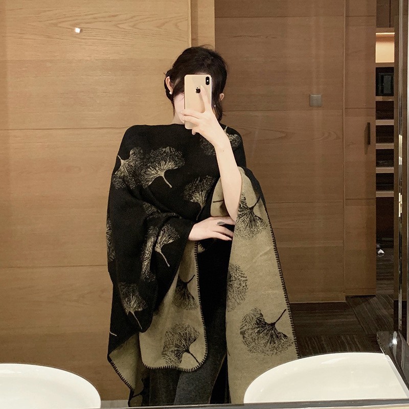 Forest-themed travel shawls in stock for autumn and winter, faux cashmere and ginkgo leaf knitted scarves, split capes and cape outerwear pic 35