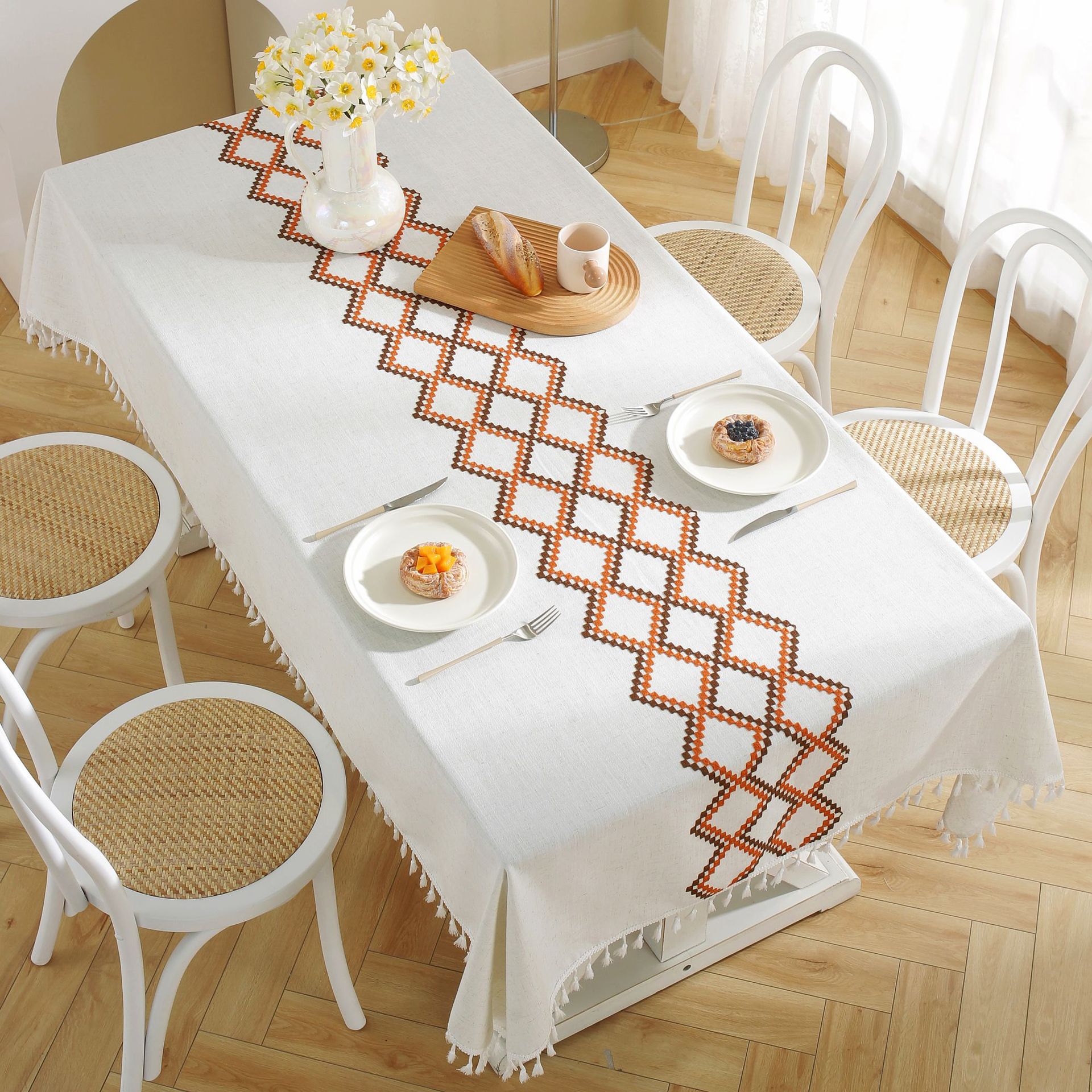 New linen embroidered cross tablecloth, solid color tablecloth, coffee table pad, cotton and linen decorative table, ins style bestseller, rectangular